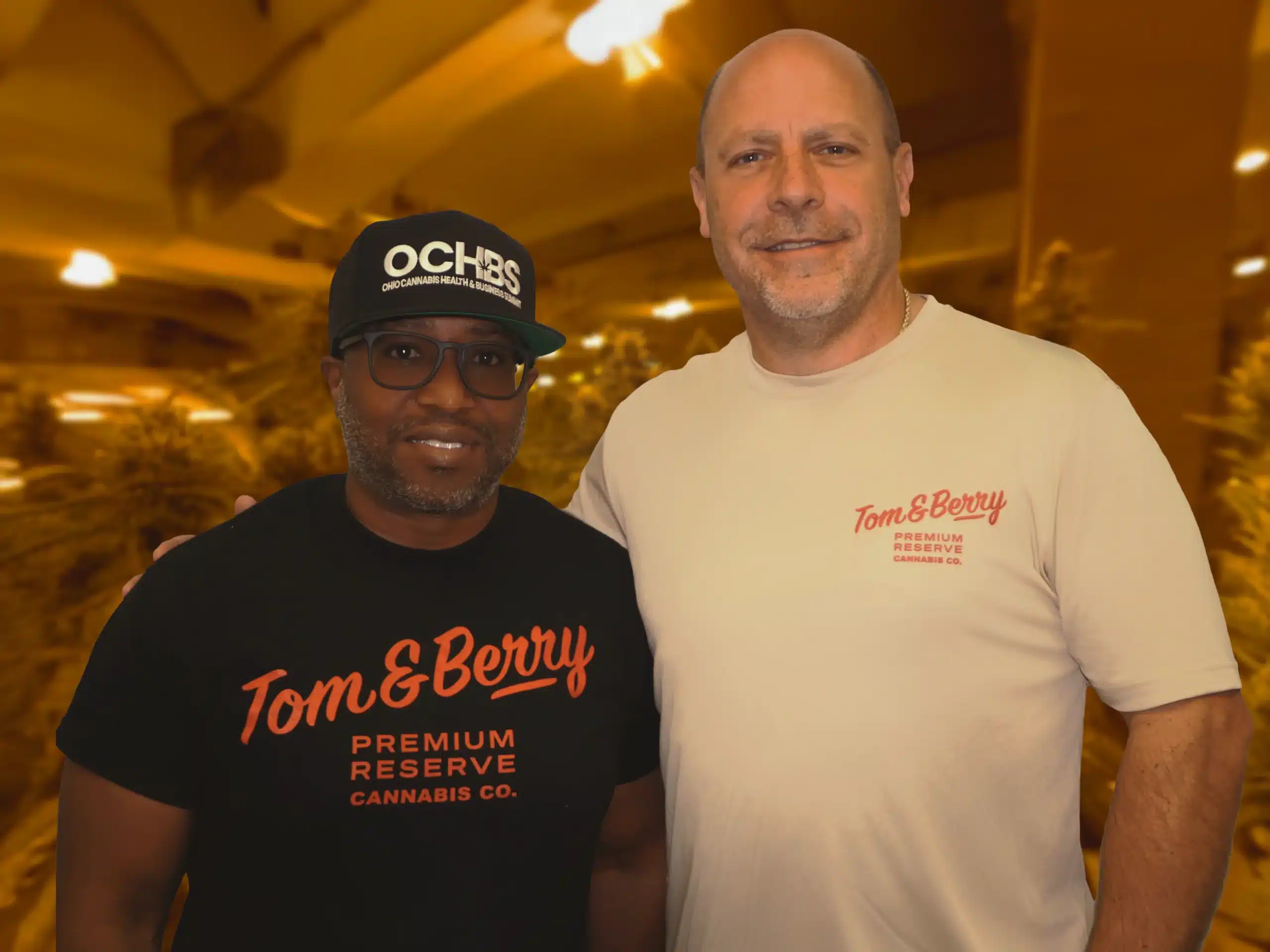 Tom & Berry founders Lenny Berry and Thomas Mikulski standing together inside a cannabis cultivation room